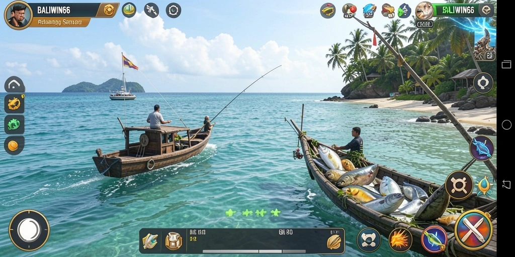 Screenshot gameplay BALIWIN66 menampilkan aktivitas memancing di lautan.