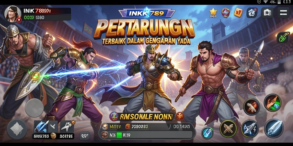 Tampilan gameplay <strong>INK789</strong> dengan karakter bertarung di arena yang penuh aksi.