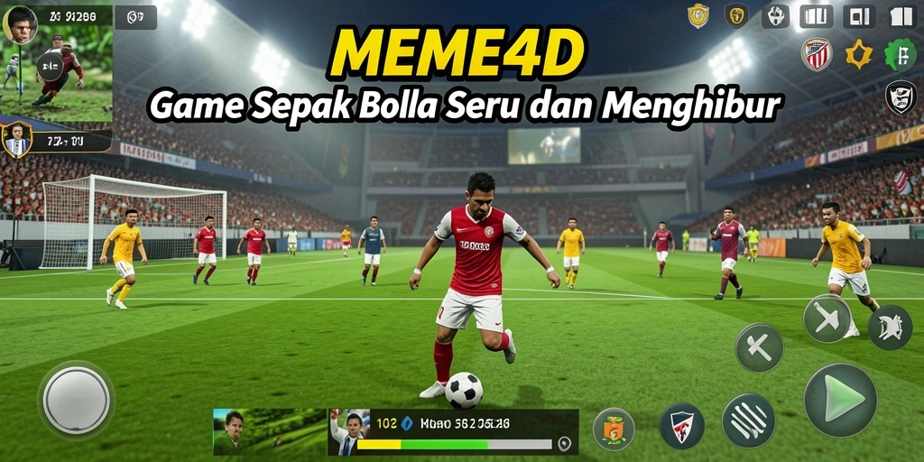 Tangkapan layar gameplay MEME4D dengan aksi seru di lapangan sepak bola.