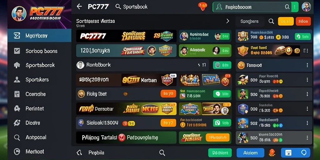 Tangkapan layar utama PC777 dengan gameplay Sportsbook yang menarik.
