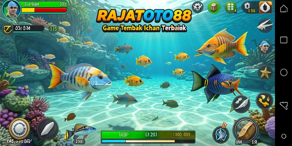 Screenshot gameplay RAJATOTO88 menampilkan aksi menangkap ikan yang seru.