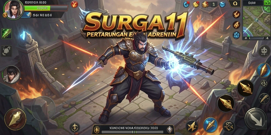 Screenshot utama SURGA11 menampilkan pertempuran seru dan karakter yang menawan.