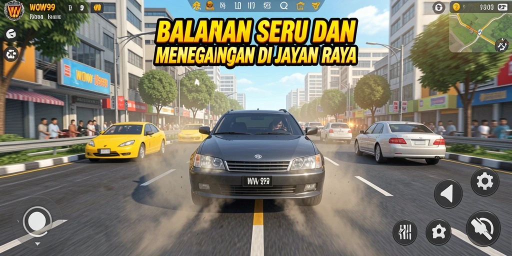 Tampilan gameplay menegangkan dari WOW99 saat balapan di jalan raya.